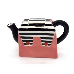 Vintage Alcoa Collectible Ceramic Pink Black/White Stripe Handbag Shaped Teapot